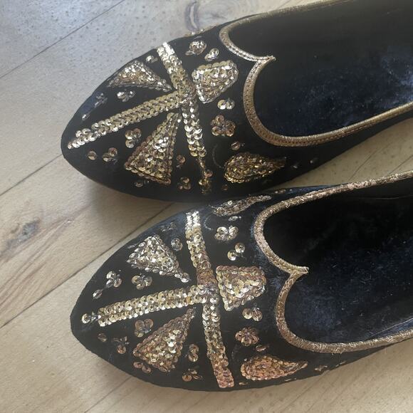 Vintage‎ Handmade Jutti Shoes Womens Size 7.5 Black Gold Beaded Pakistan Velvet - Picture 9 of 12